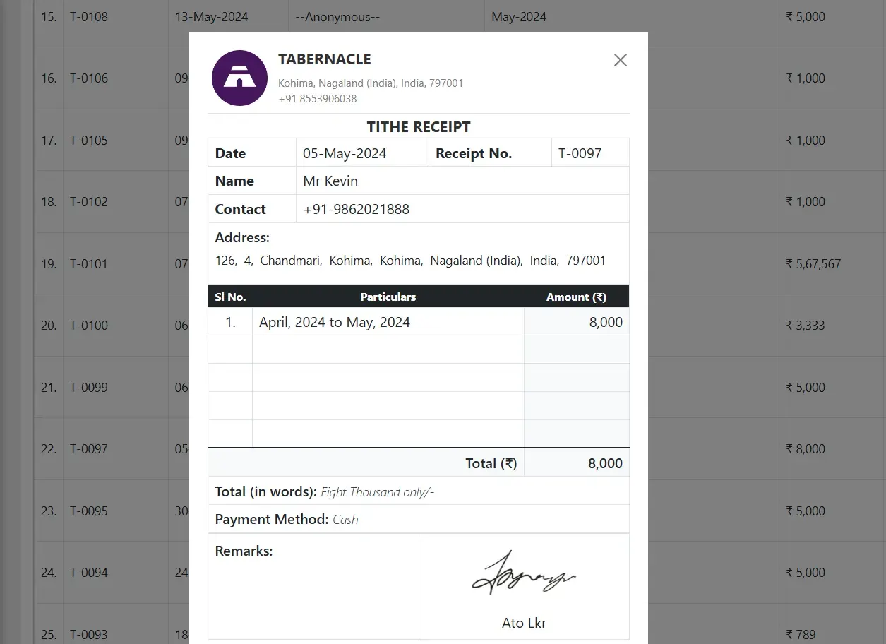 A sample PDF donation receipt generated by Tabernacle, showing a customized church logo, donor details, and a 'Paid' stamp for formal acknowledgment.