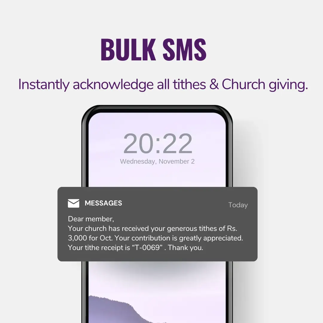A graphic of a smartphone displaying a bulk SMS notification from a church, showing how technology can be used to instantly thank multiple donors.