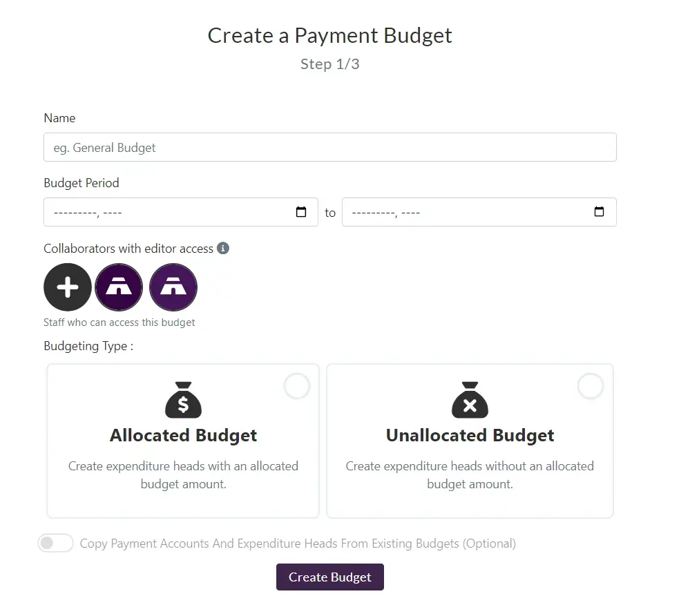 Tabernacle Creating Payment Budget Section