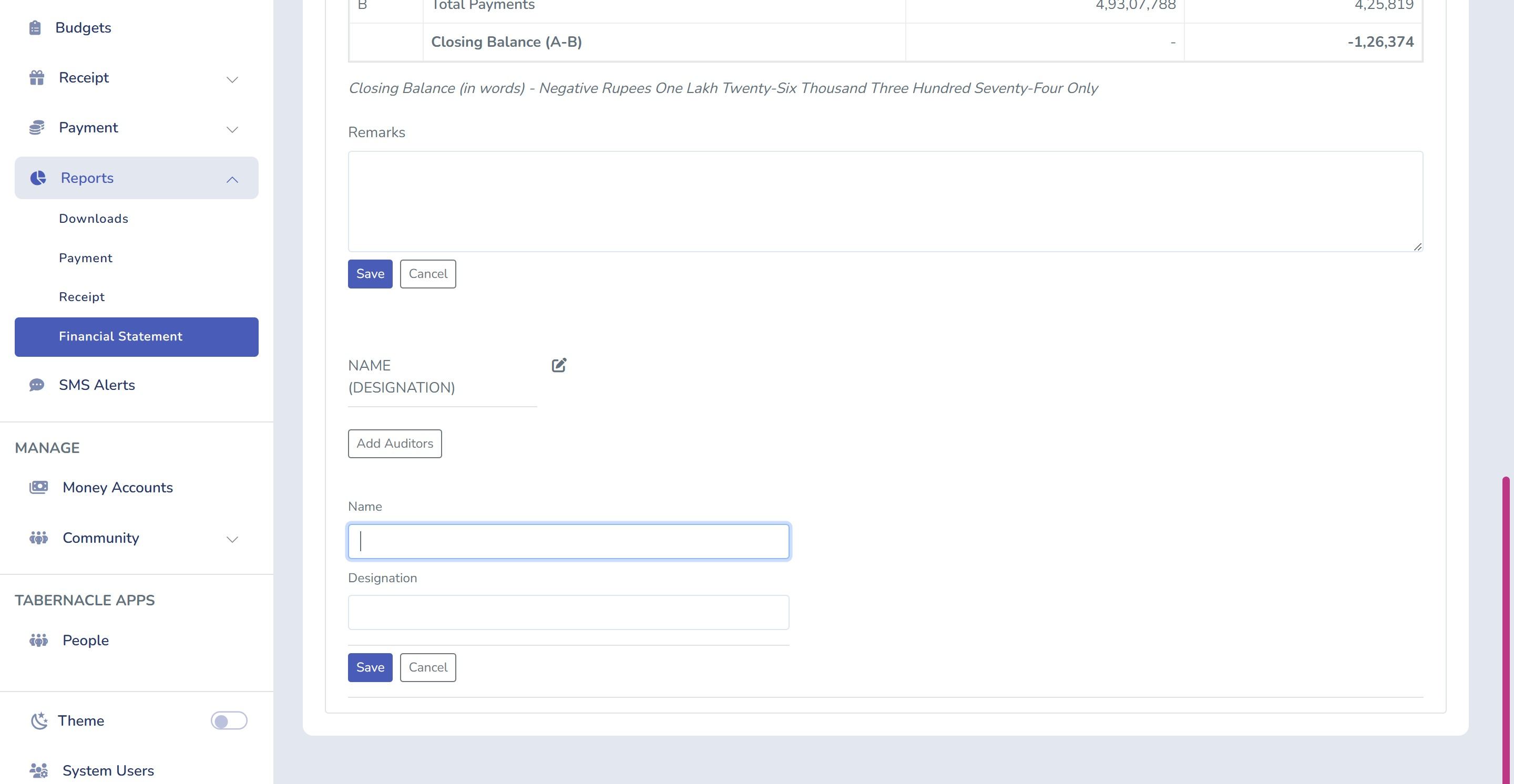 Tabernacle financial statement showing auditor name and designation fields with add auditors option