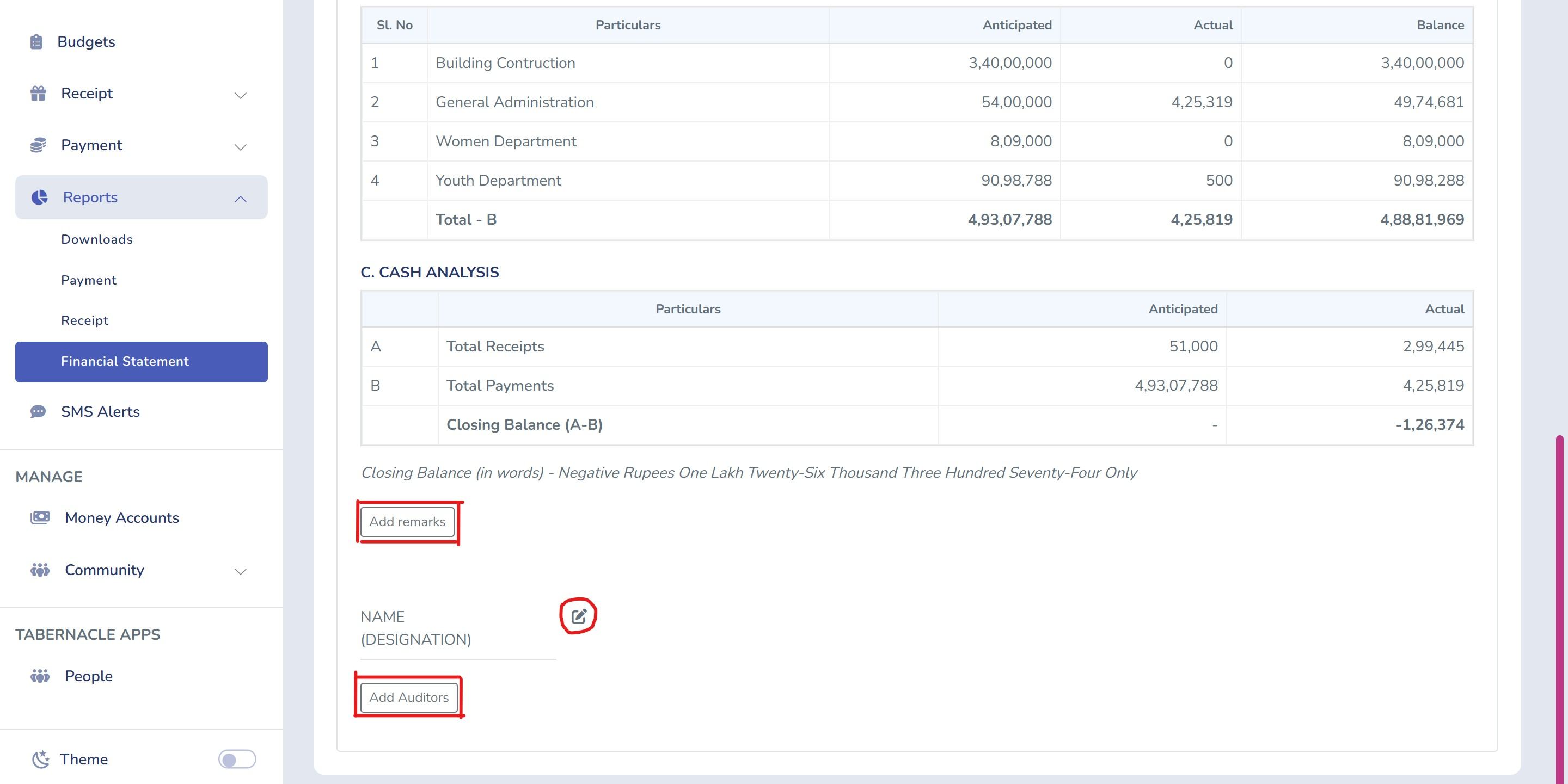 Tabernacle financial statement showing cash analysis with add remarks button edit signatory and add auditors option