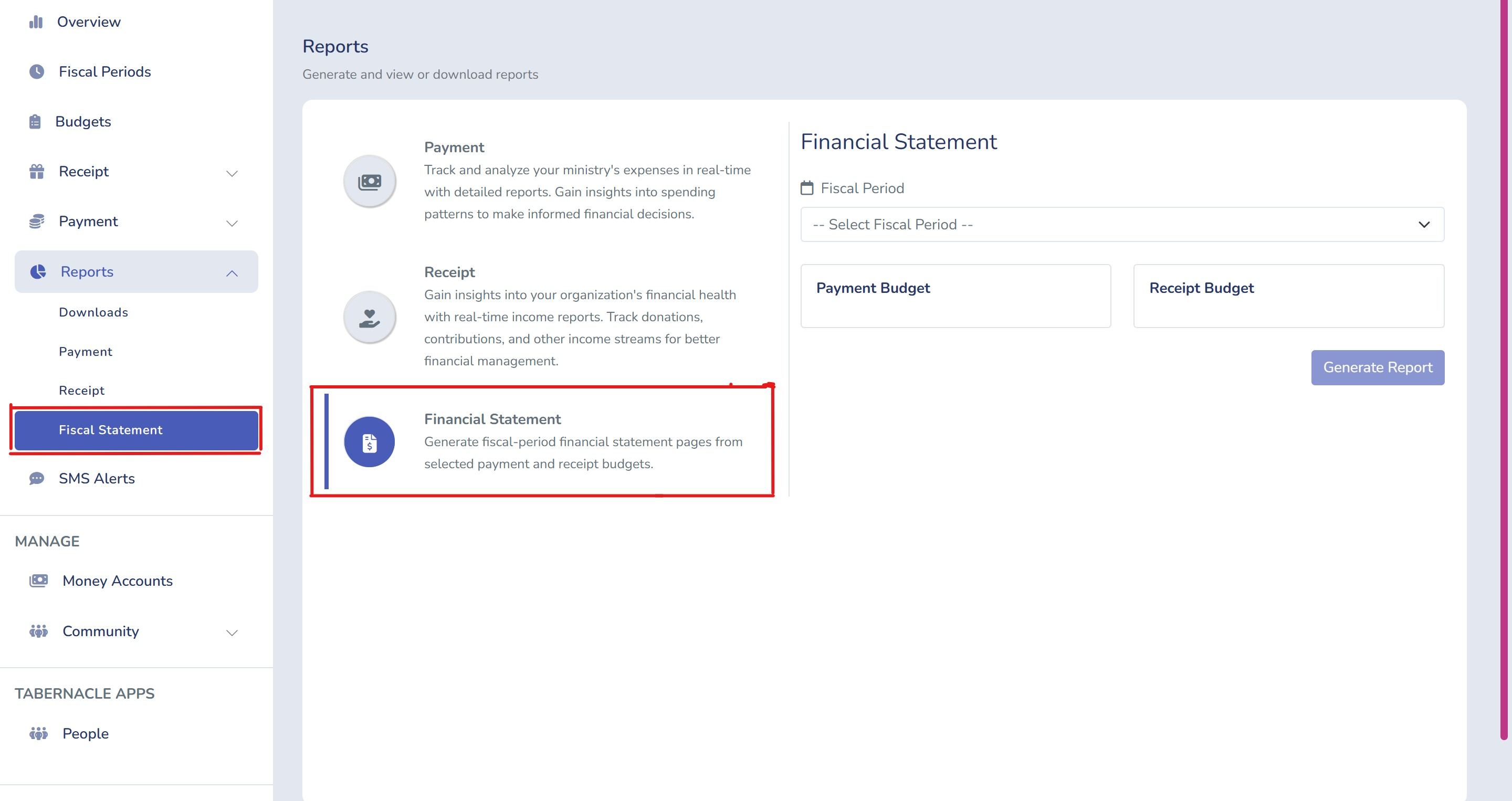 Fiscal Statement option in Tabernacle Reports menu