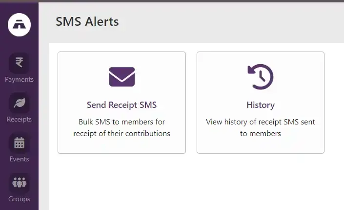 A close-up of the Tabernacle "SMS Alerts" interface. It features two primary navigation cards: "Send Receipt SMS" for sending bulk messages to members regarding their contributions, and "History" for viewing the logs of all previously sent receipt messages.