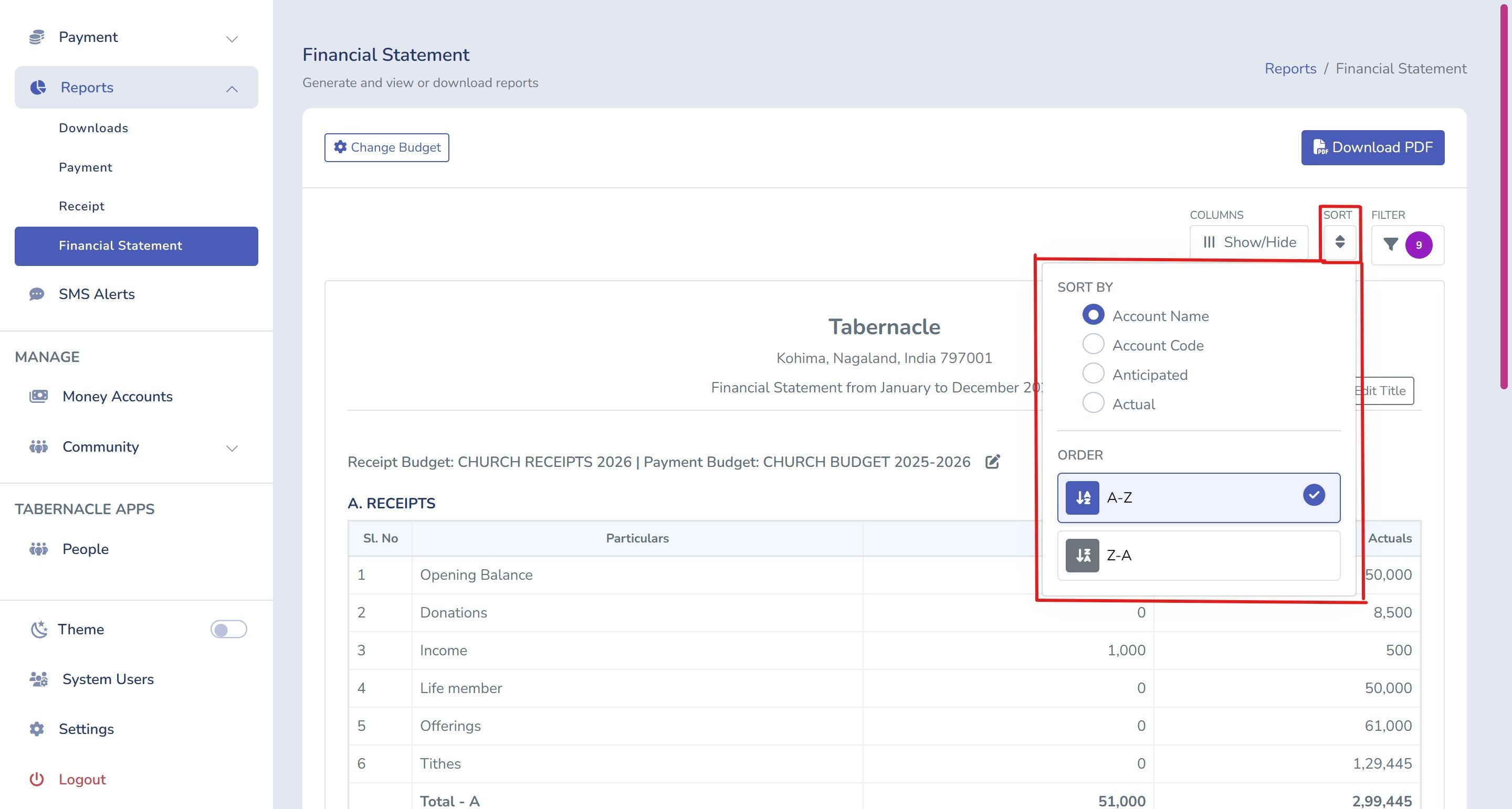 Tabernacle financial statement sort options showing account name account code anticipated and actual with A to Z order selection
