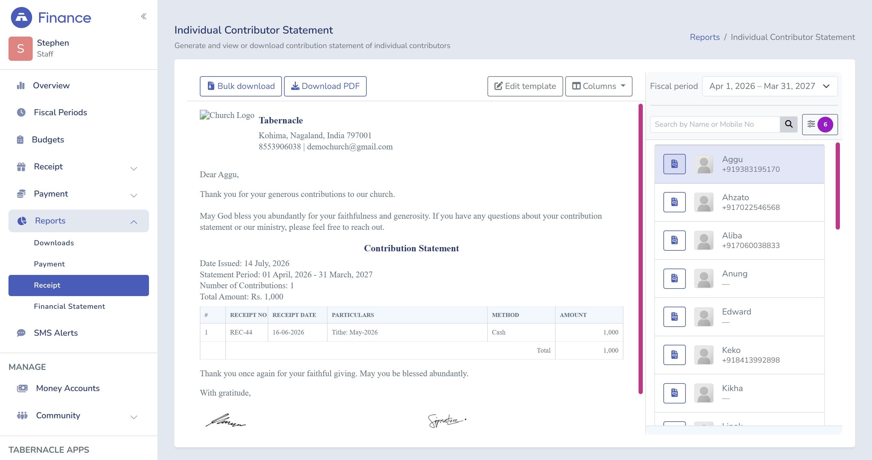 Tabernacle software Individual Contributor Statement generator showing a formal church donation letter with an itemized contribution table for an individual member.