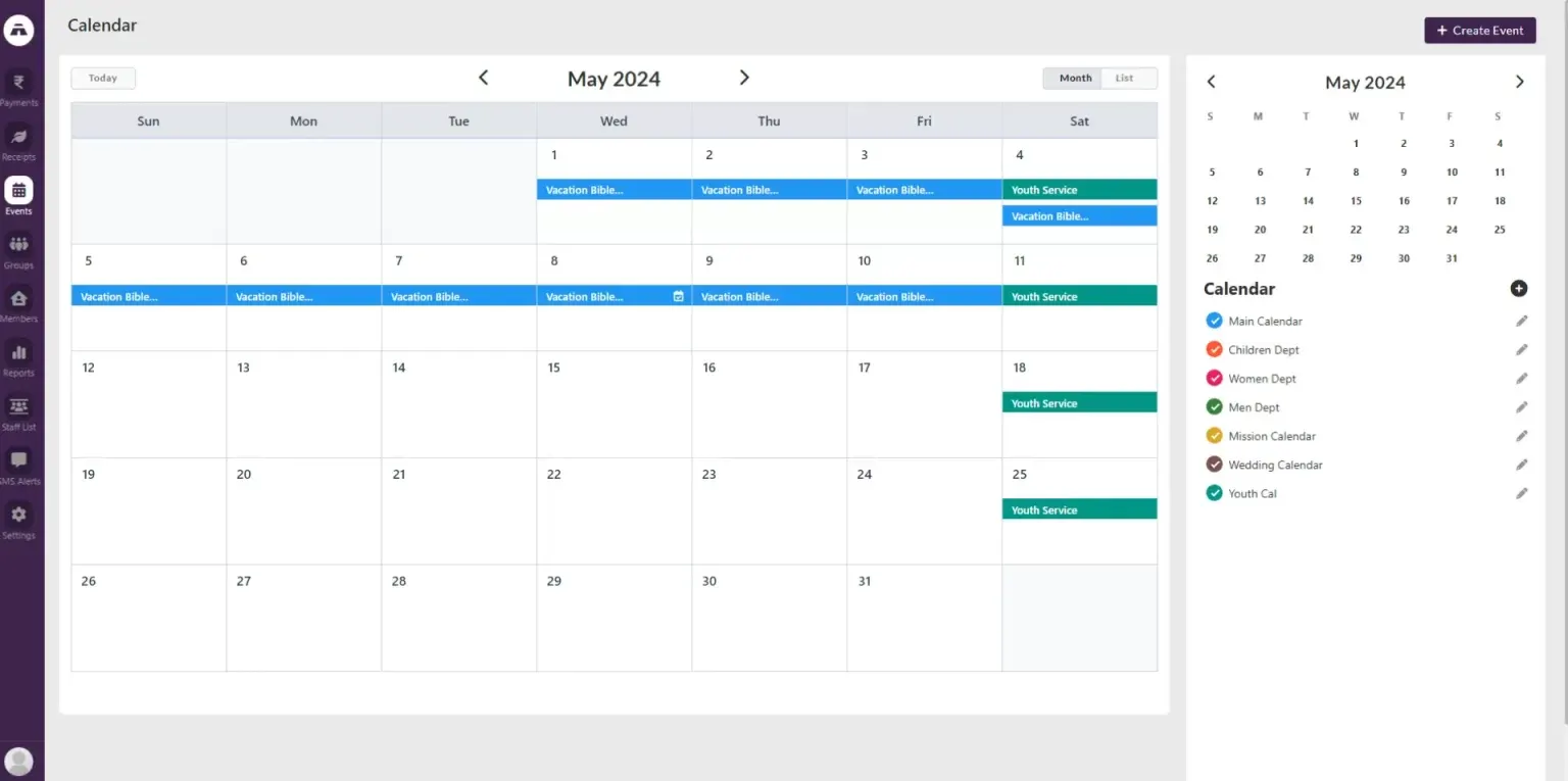 Church event calendar showing Vacation Bible School and Youth Service events in May 2024