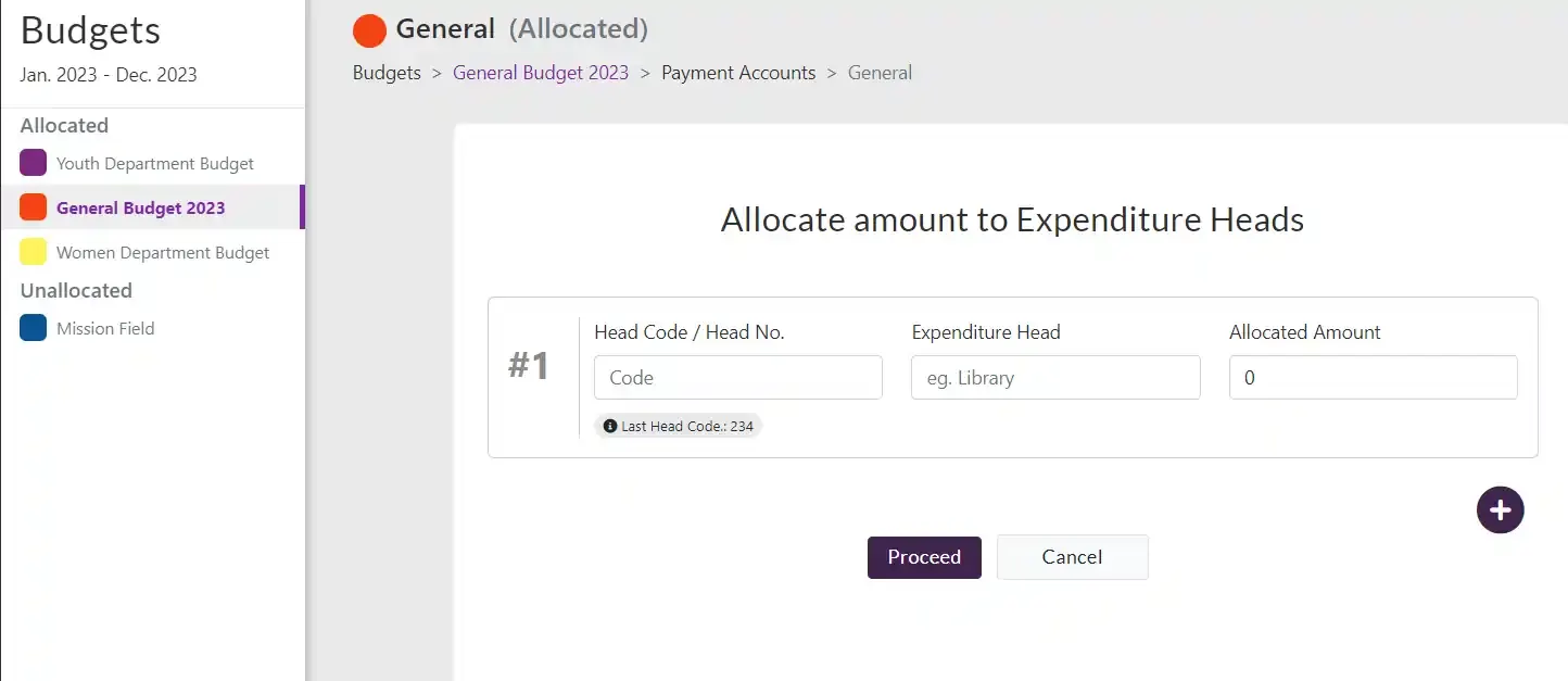 Church budget allocation form for assigning amounts to expenditure heads under General Budget 2023