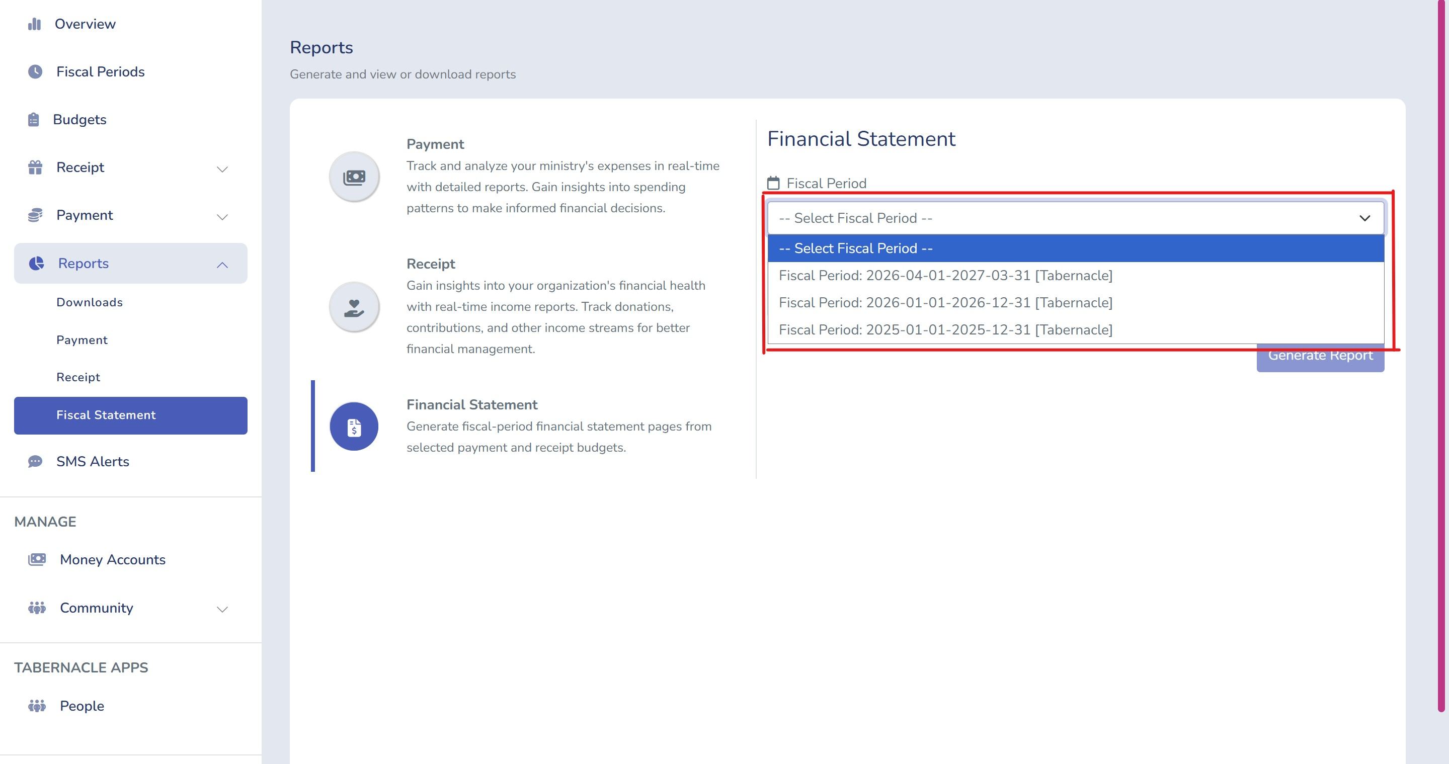 selecting a fiscal period in Tabernacle financial statement tool