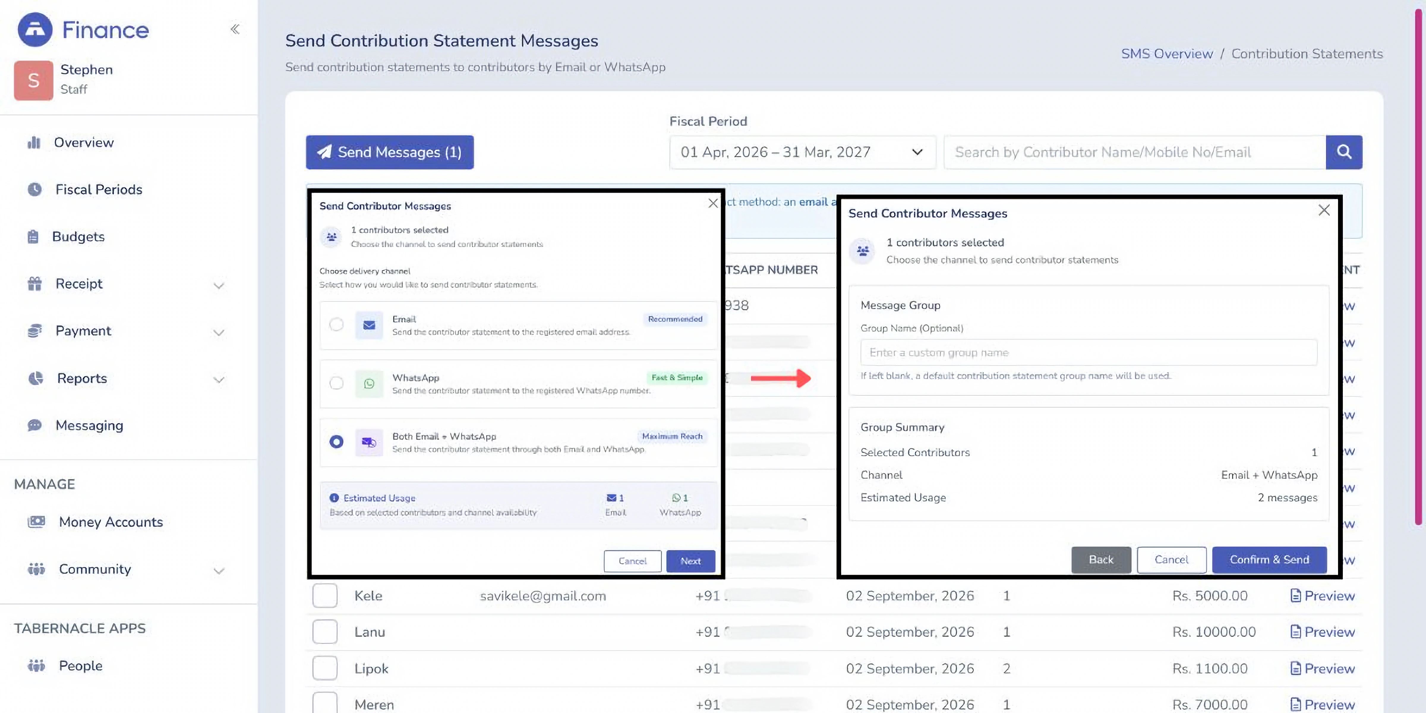 Tabernacle church software modal dialog for customizing and sending individual contribution statements to members