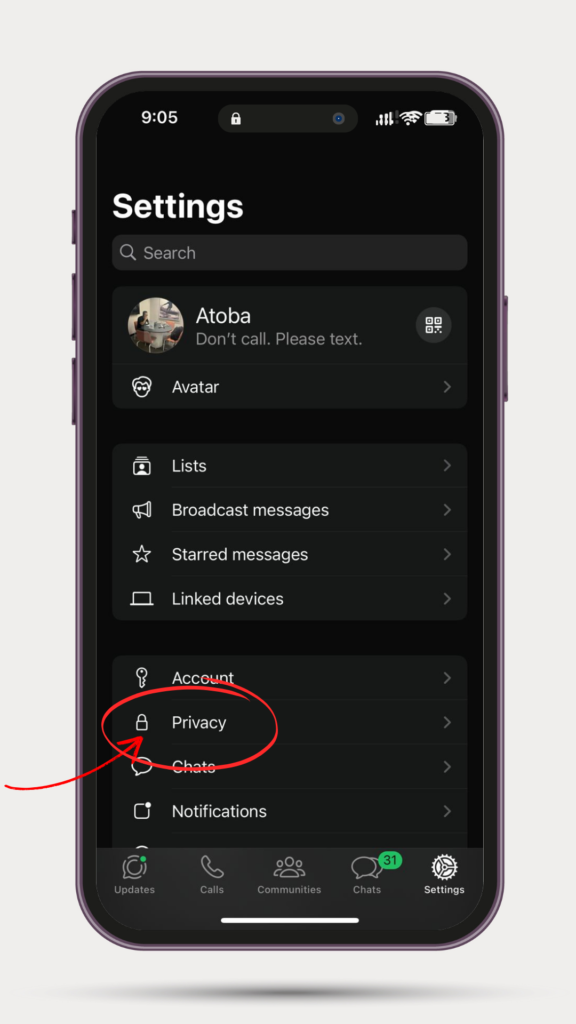 A smartphone screen showing the WhatsApp Settings menu with a red circle highlighting the 'Privacy' option, guiding the user on where to begin securing their account.
