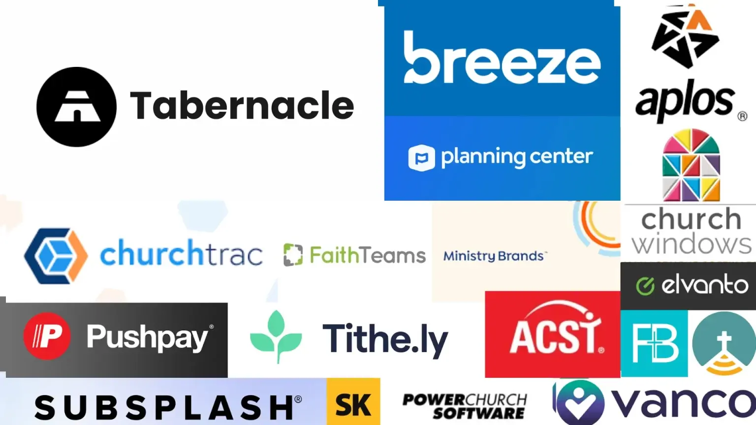 Collage of church management software logos including Tabernacle, Breeze, Planning Center, Pushpay and more