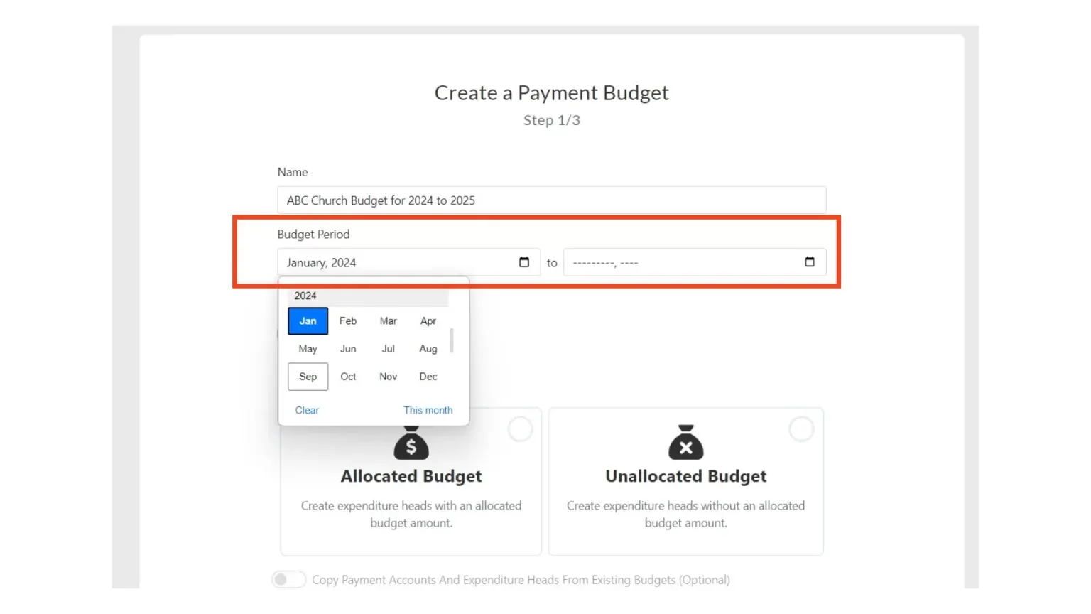 The 'Create a Payment Budget' setup screen in Tabernacle, highlighting the step-by-step process for setting annual or monthly church budget periods.