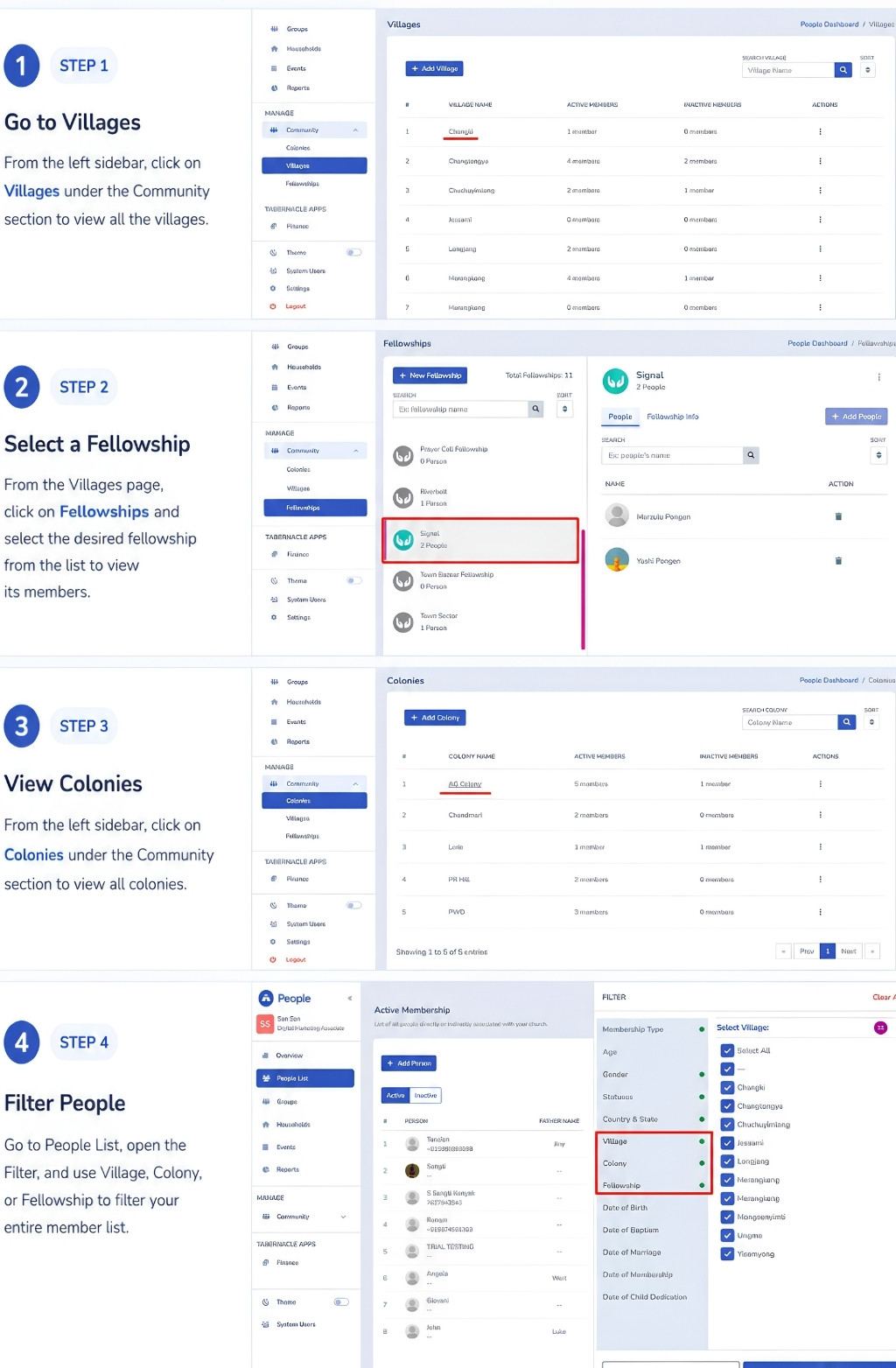 Step-by-step guide showing how to organize and filter church members by Villages, Fellowships, and Colonies in the Tabernacle church management software dashboard.