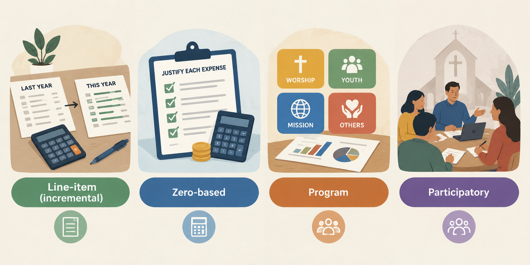 Four types of church budget: line-item, zero-based, program, and participatory
