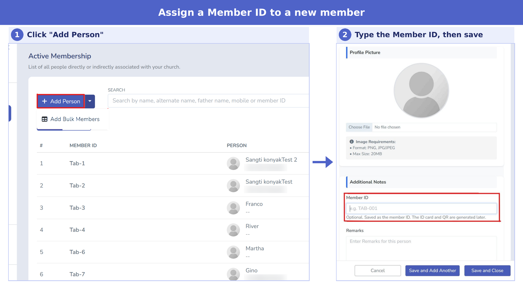 Step-by-step screenshot showing how to assign a Member ID to a new member in Tabernacle — clicking Add Person and entering the Member ID field&nbsp;