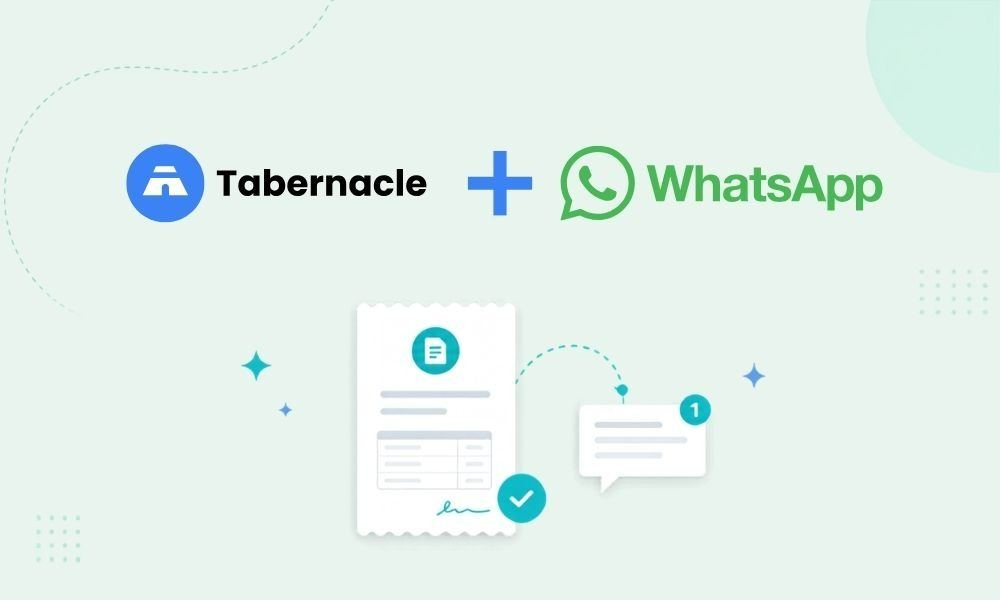 Tabernacle finance dashboard showing donation records with option to send receipt notifications via WhatsApp