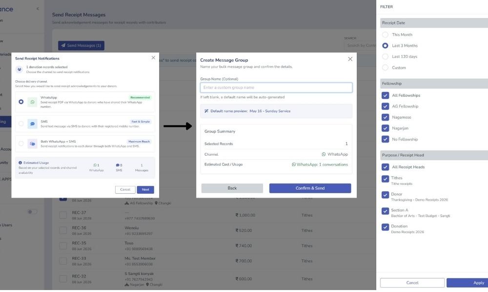 Tabernacle send receipt messages screen showing filter panel fellowship receipt head and create message group modal