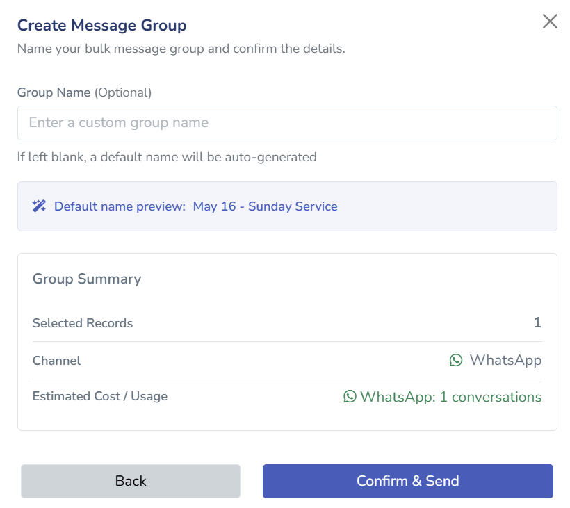 Tabernacle Create Message Group screen showing group summary, channel, and estimated cost before confirming