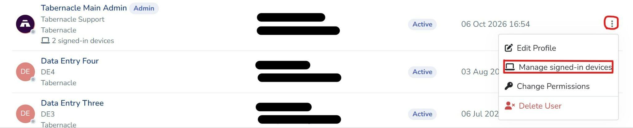 Actions menu on the Tabernacle Users page with Manage signed-in devices highlighted
