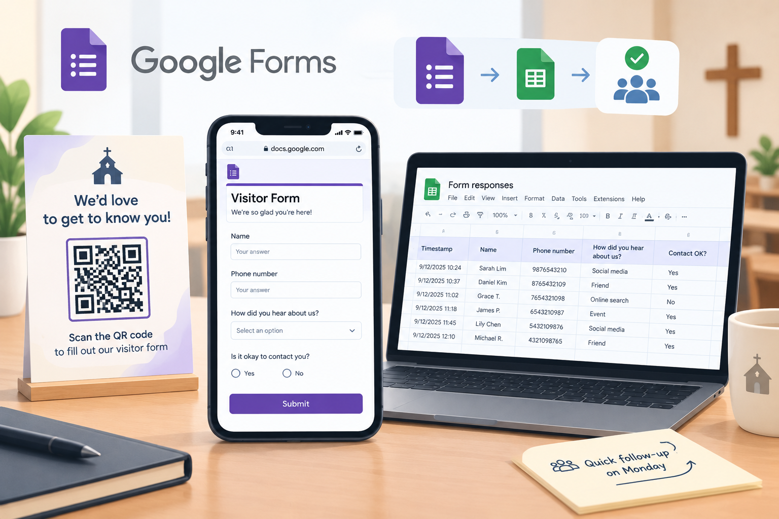 Google Forms visitor registration on a smartphone connected to Google Sheets on a laptop, with a QR code for church visitors to scan