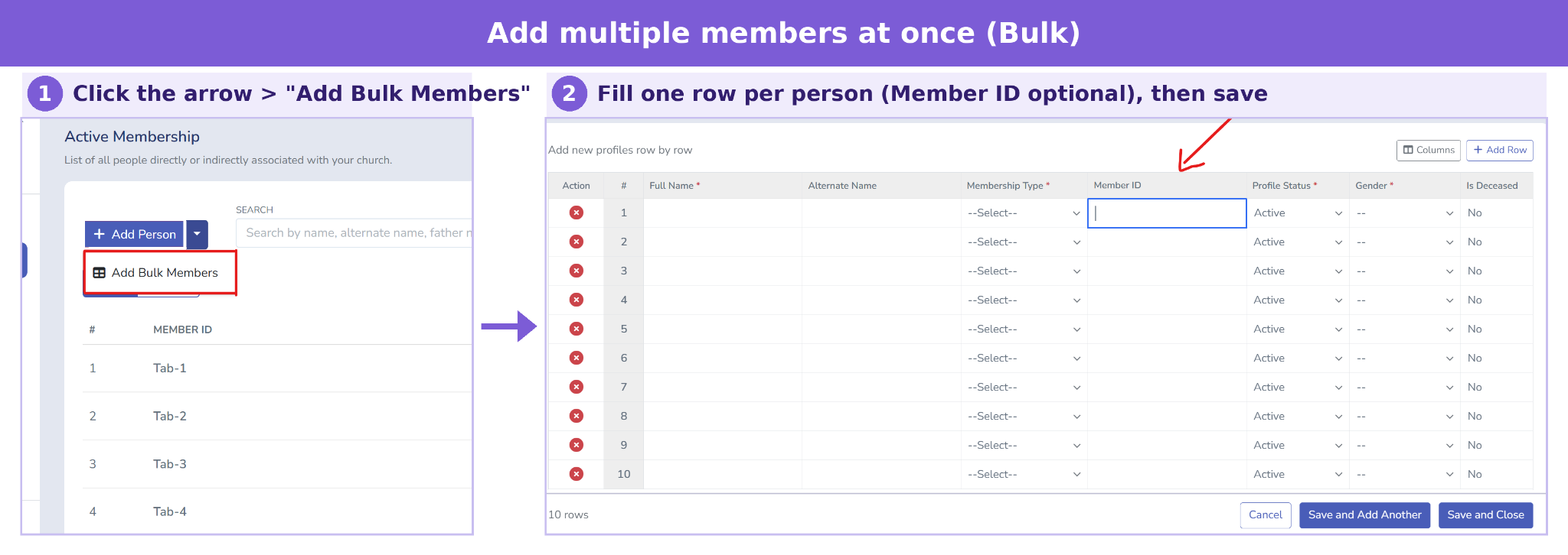 Step-by-step screenshot showing how to add multiple members at once in Tabernacle using the Add Bulk Members option with a row-by-row table&nbsp;