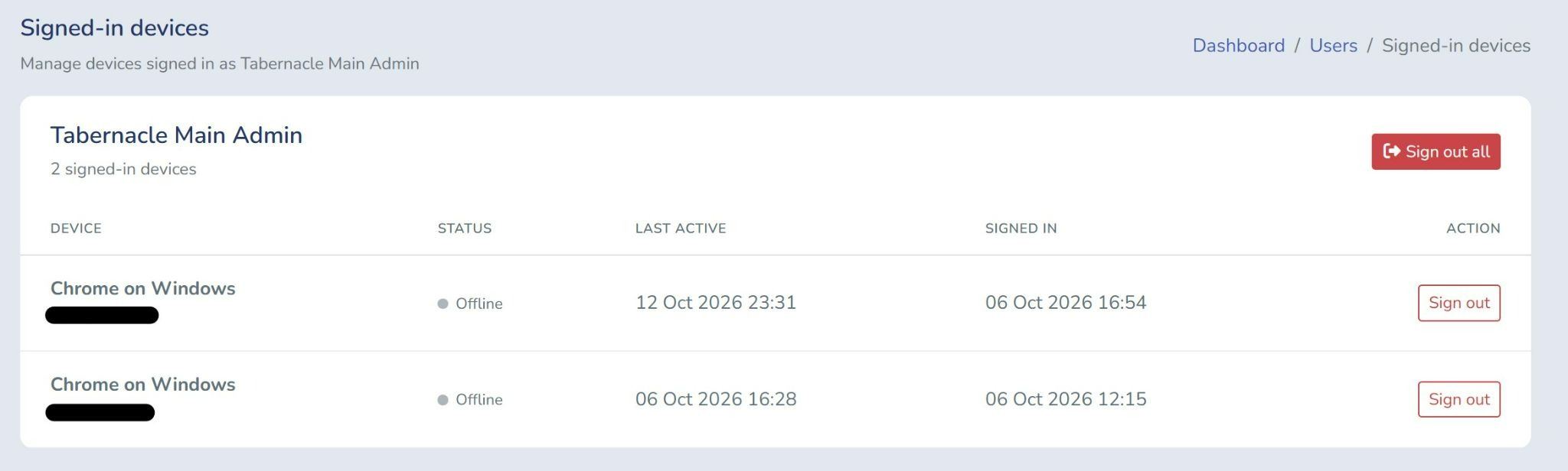 Tabernacle signed-in devices page