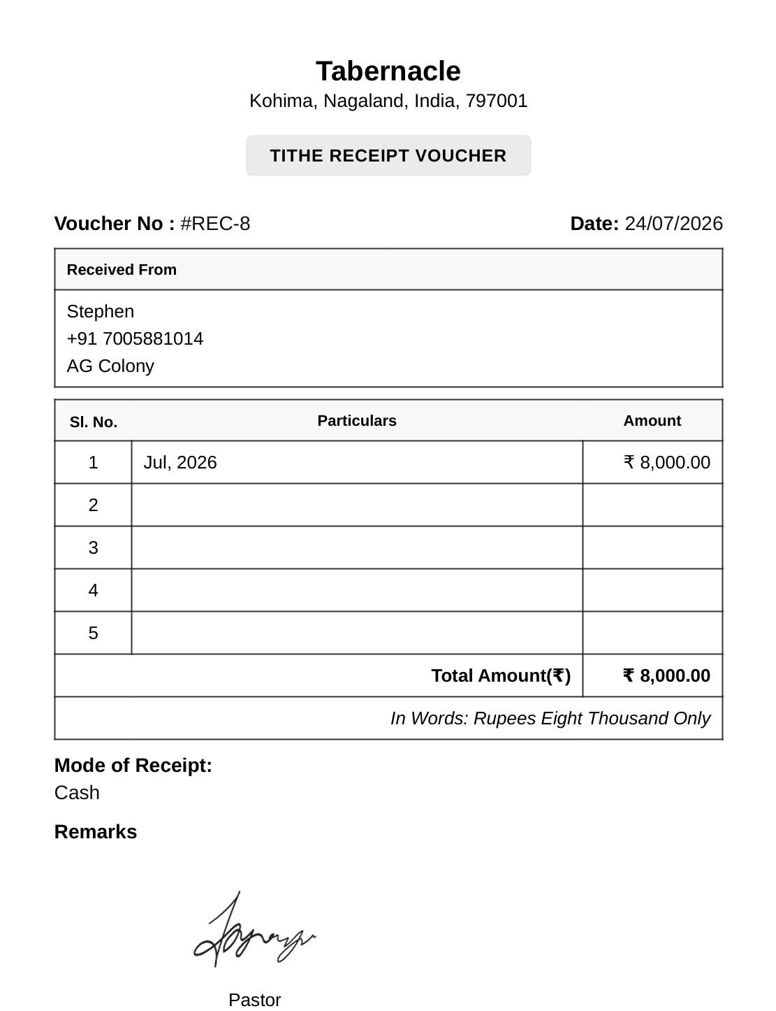 WhatsApp tithe receipt message next to its attached PDF voucher from Tabernacle