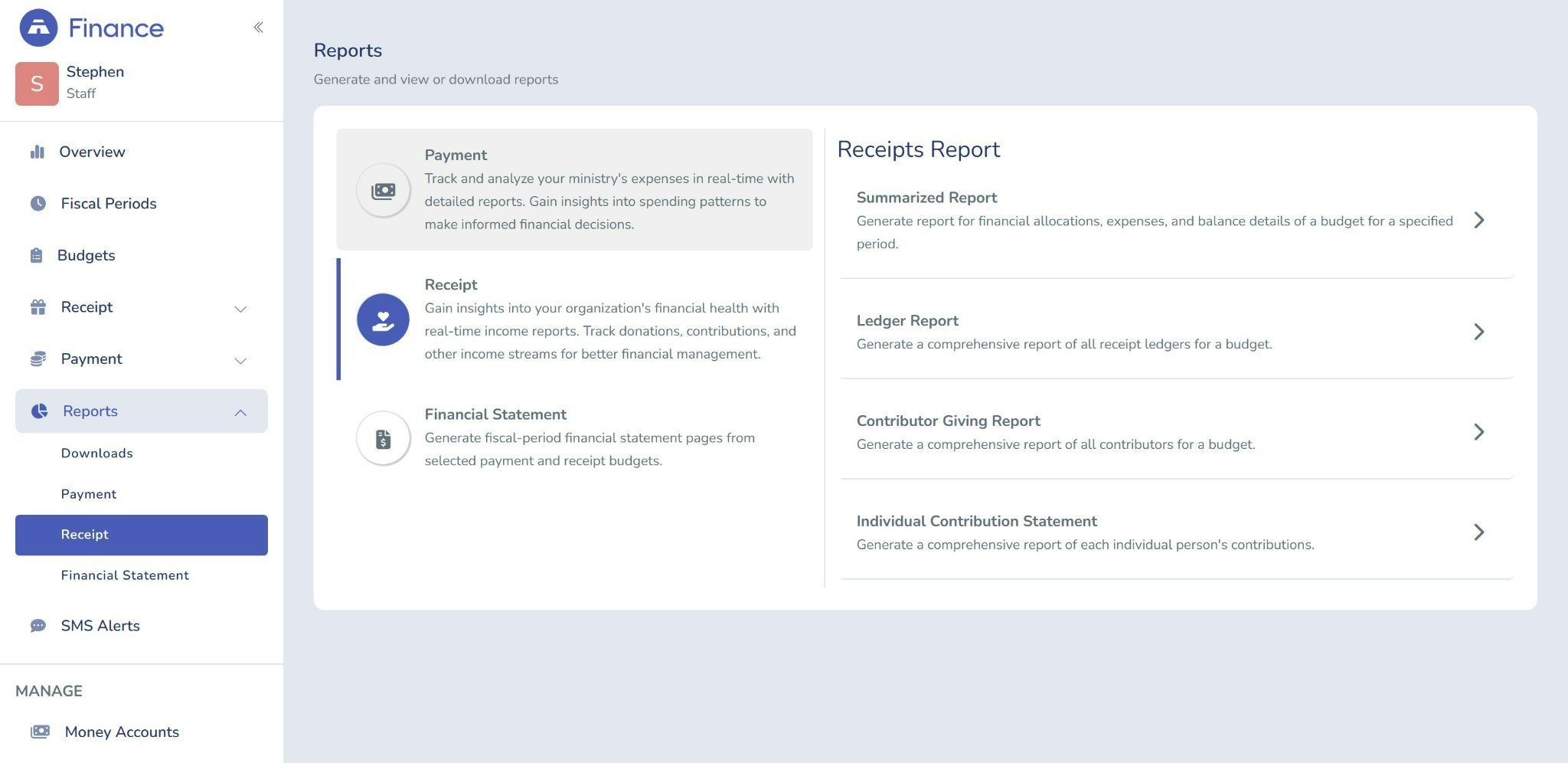 Tabernacle software Receipts Report panel showing options to export a Summarized Report, Ledger Report, Contributor Giving Report, and Individual Contribution Statements.