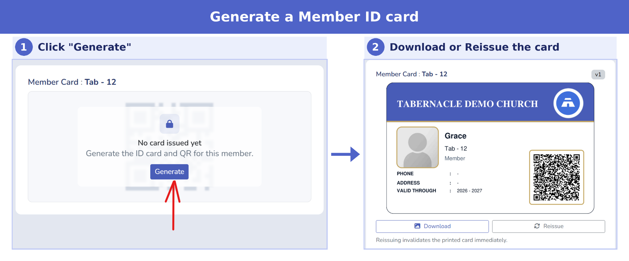 Step-by-step screenshot showing how to generate a Member ID card in Tabernacle - clicking Generate and downloading the printed card with QR code&nbsp;