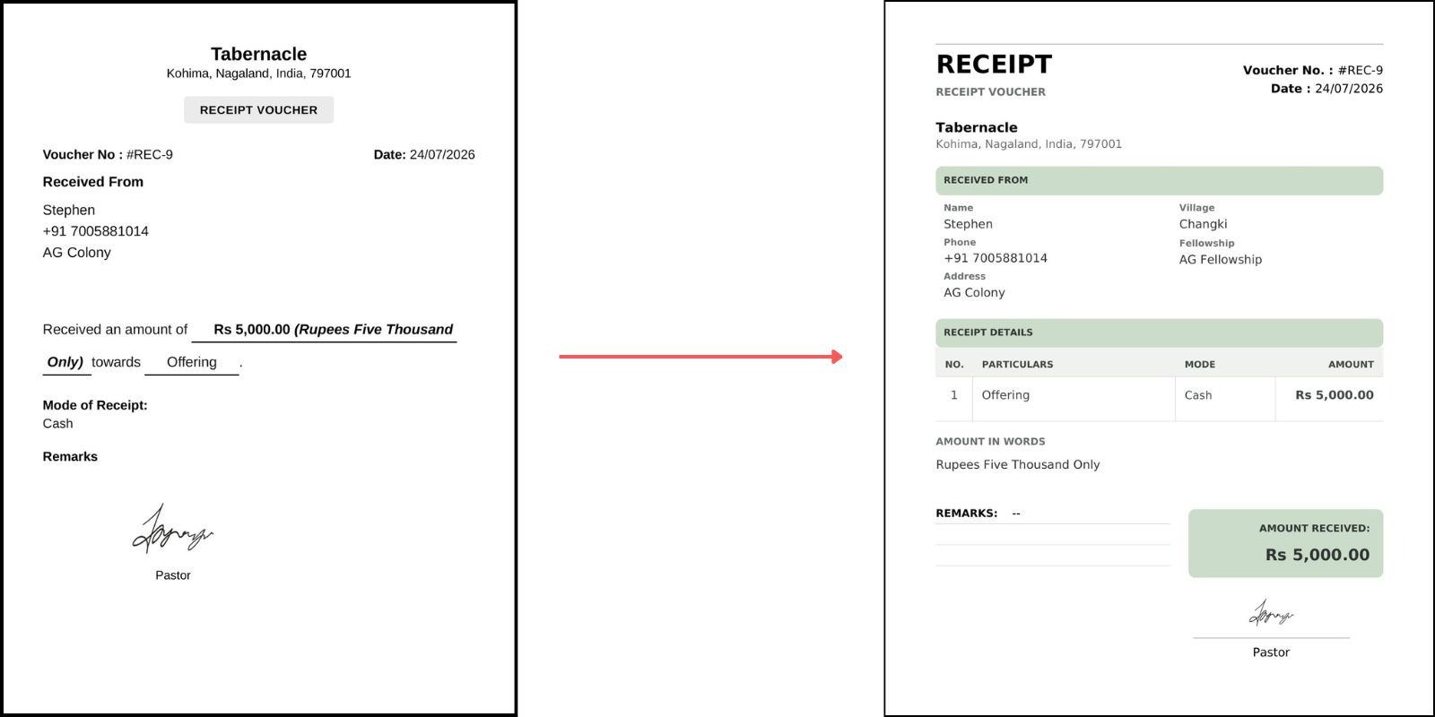 Comparison showing old traditional church receipt format next to redesigned Tabernacle digital receipt template with member village and fellowship details