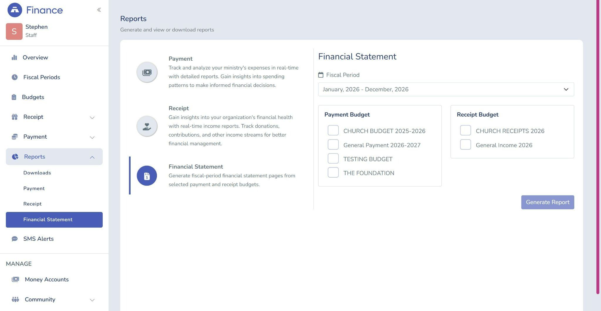 Tabernacle software Financial Statement generation tool with selections for fiscal periods, payment budgets, and receipt budgets.