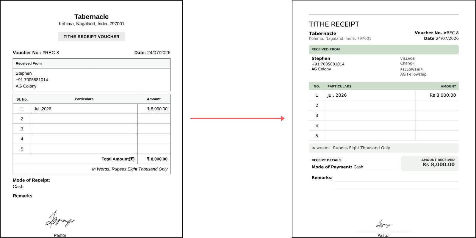 Before and after visual comparison of legacy church tithe receipt voucher versus modern redesigned receipt layout in Tabernacle software