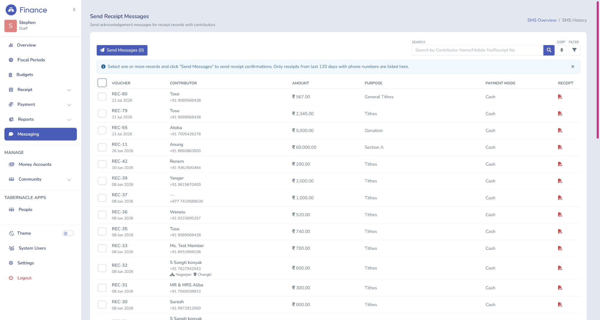 Tabernacle Send Receipt Messages screen showing a list of contributor records to select for acknowledgement