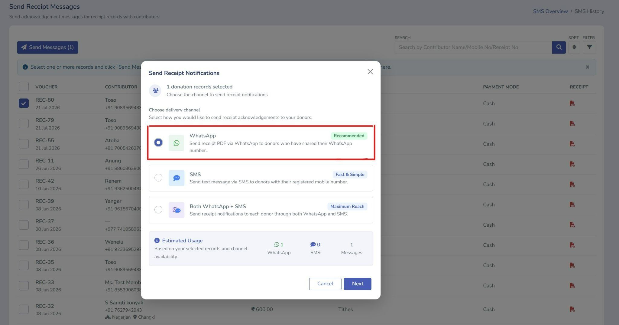 Send Receipt Notifications modal in Tabernacle with WhatsApp selected as the delivery channel
