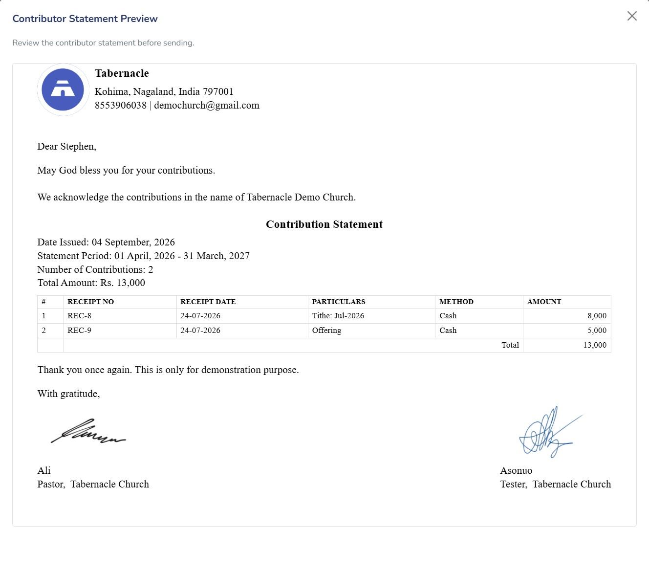 Tabernacle church management software annual contribution statement PDF template showing itemized tithe and offering giving summary&nbsp;