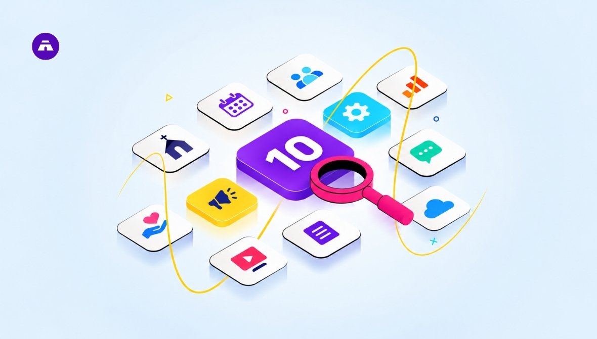 Illustration of 10 digital tools and technology icons representing useful technologies for modern churches.