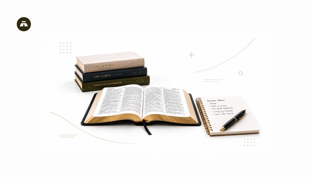 Illustration of a church building beside a laptop showing financial dashboards, with income, expenses, and reports books stacked nearby