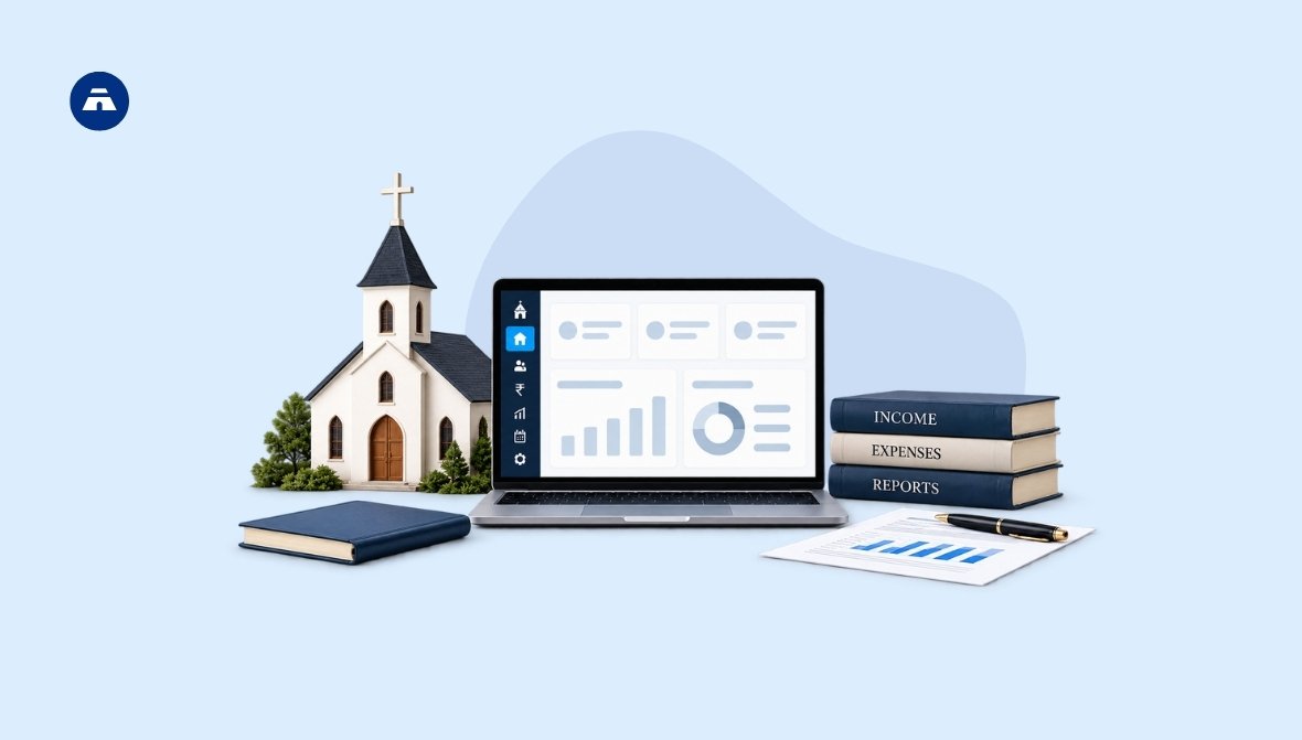 Illustration of a church building beside a laptop showing financial dashboards, with income, expenses, and reports books stacked nearby