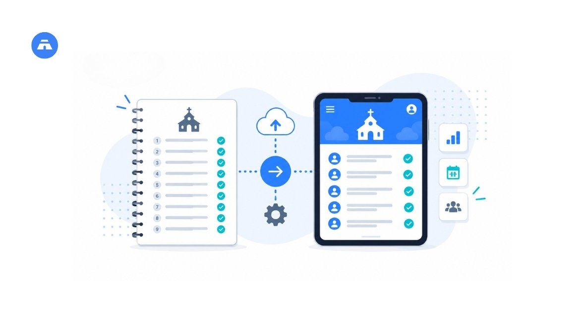Tablet with cloud upload icon representing steps to adopt church management technology