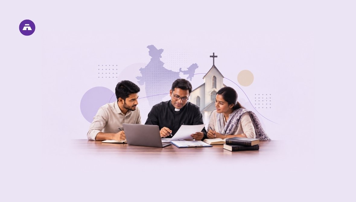 Illustration of three Indian church staff reviewing documents and a laptop together, with a church and map of India in the background