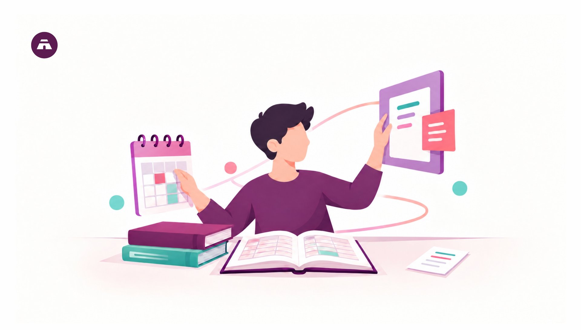 Church bookkeeping illustration showing a person organizing financial records, reviewing documents on a digital screen, and using a calendar and ledger.