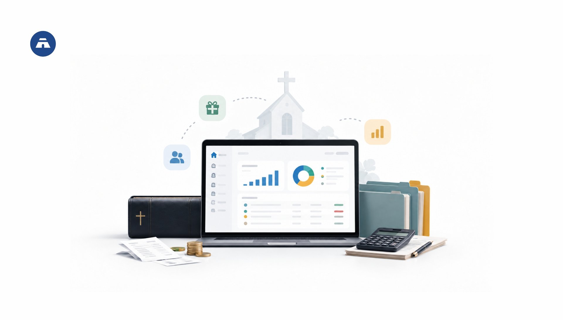 Church financial management with a digital dashboard, financial reports, and accounting documents