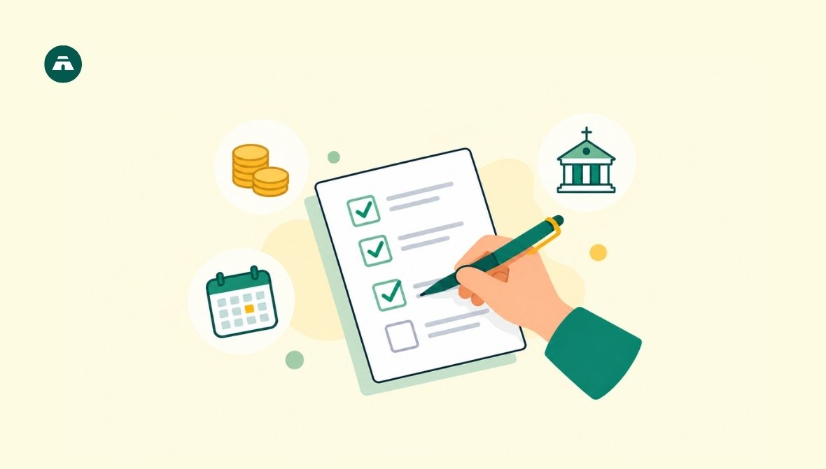 Illustration of a Church financial reporting checklist featuring hand ticking tasks on a clipboard, with icons of coins, a bank, and a calendar on a soft yellow background.