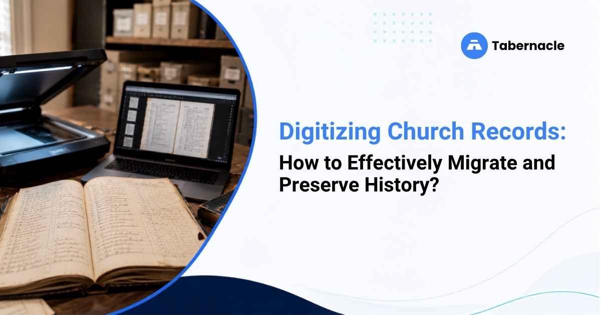 Desk with documents and open laptop representing how to digitize and preserve church records