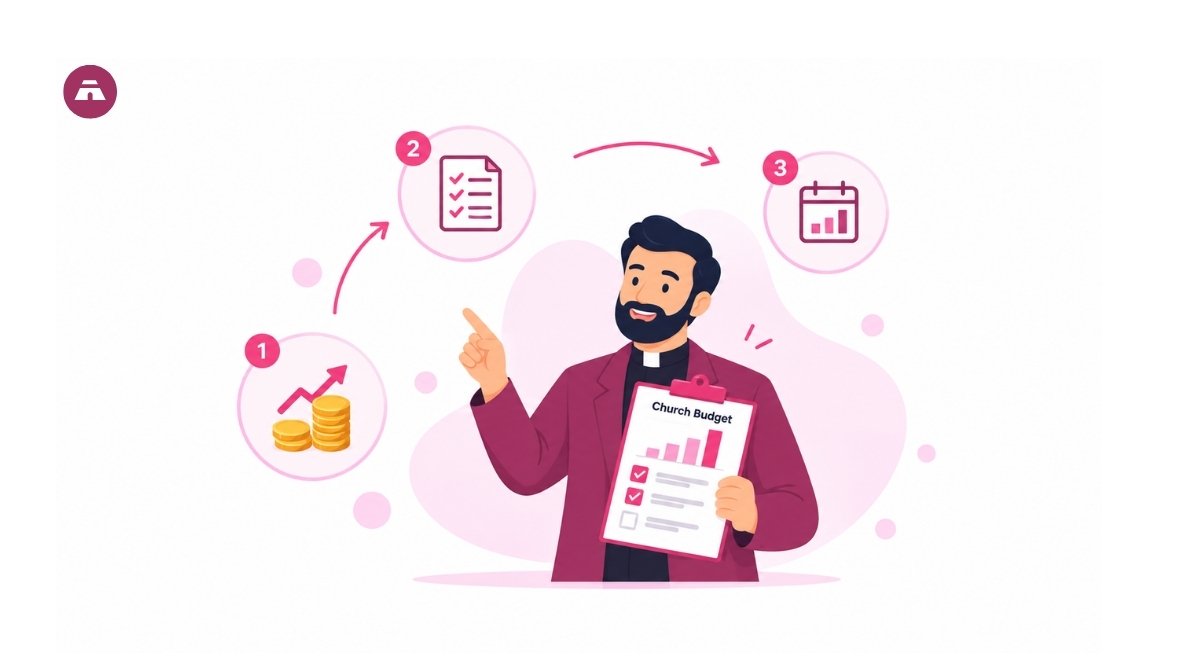 Illustration of a church leader holding a budget checklist, surrounded by icons representing financial growth, expense planning, and budget reviews.