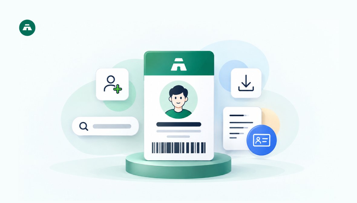 Tabernacle Member ID feature illustration showing an ID card with a QR code, add member icon, search bar, download icon, and ID card icon