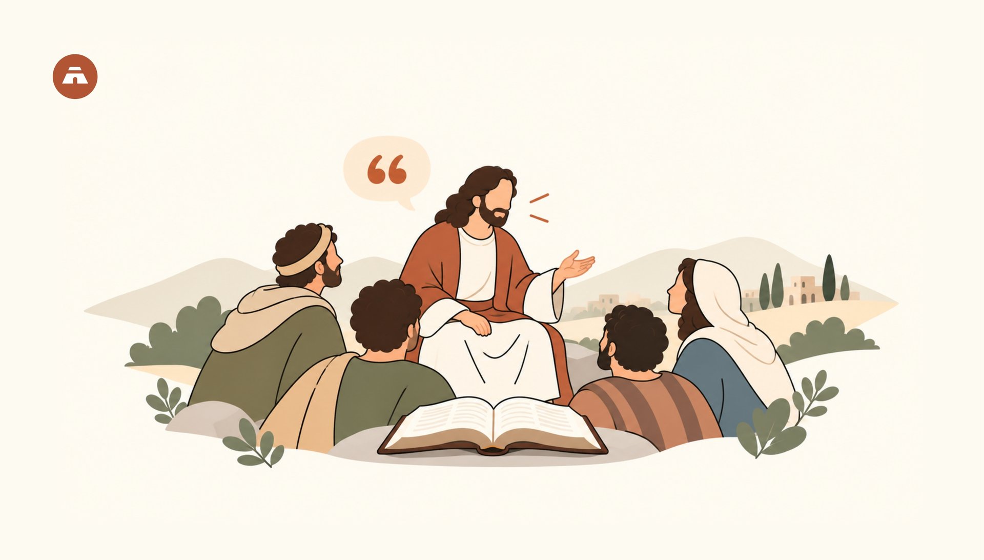 Illustration of Jesus Christ speaking and teaching a group of followers with an open Bible