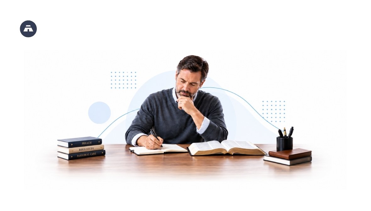 Illustration of a pastor at a desk writing in a notebook next to an open Bible and books on preaching, Bible study, and pastoral care