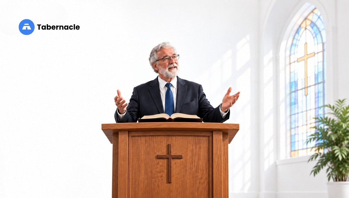 "Pastor speaking at a pulpit representing preaching for spiritual transformation