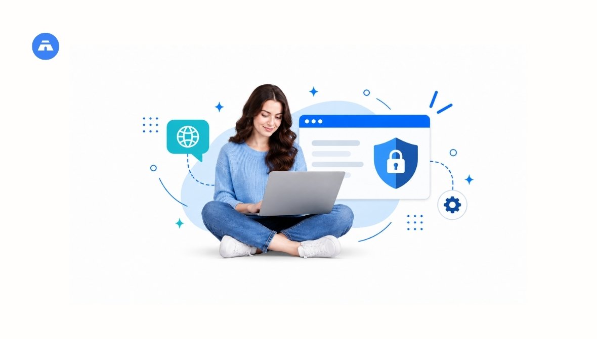 Illustration of a man securing church data on a laptop beside a church building, representing cybersecurity best practices for churches on Safer Internet Day